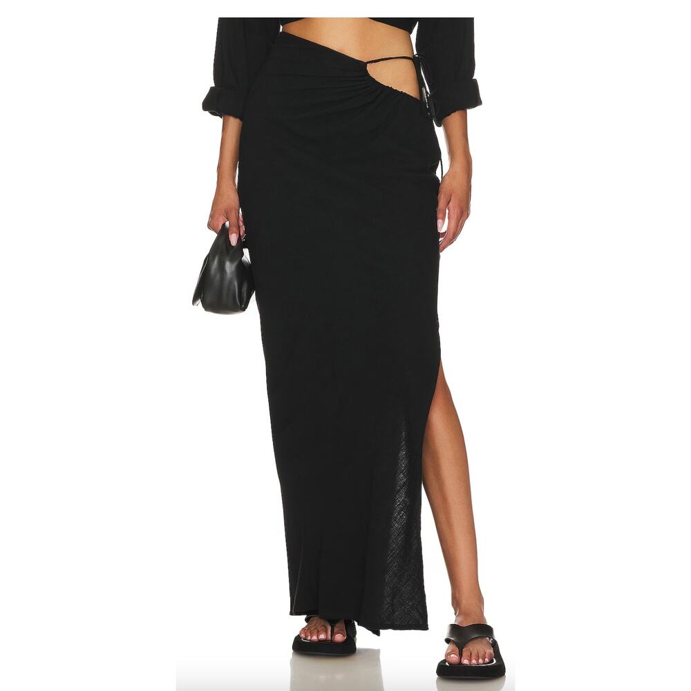 RUMER Black Ruched Maxi Skirt MEDIUM High Side Slits Hip Cutout Linen $229 NEW